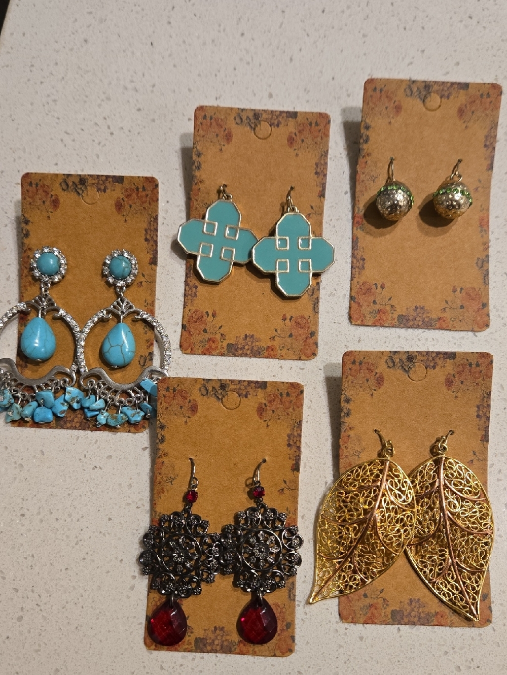 5 Classic Dressy Style Earings In Colors Garnet, Gold, Turqoise, Peridot